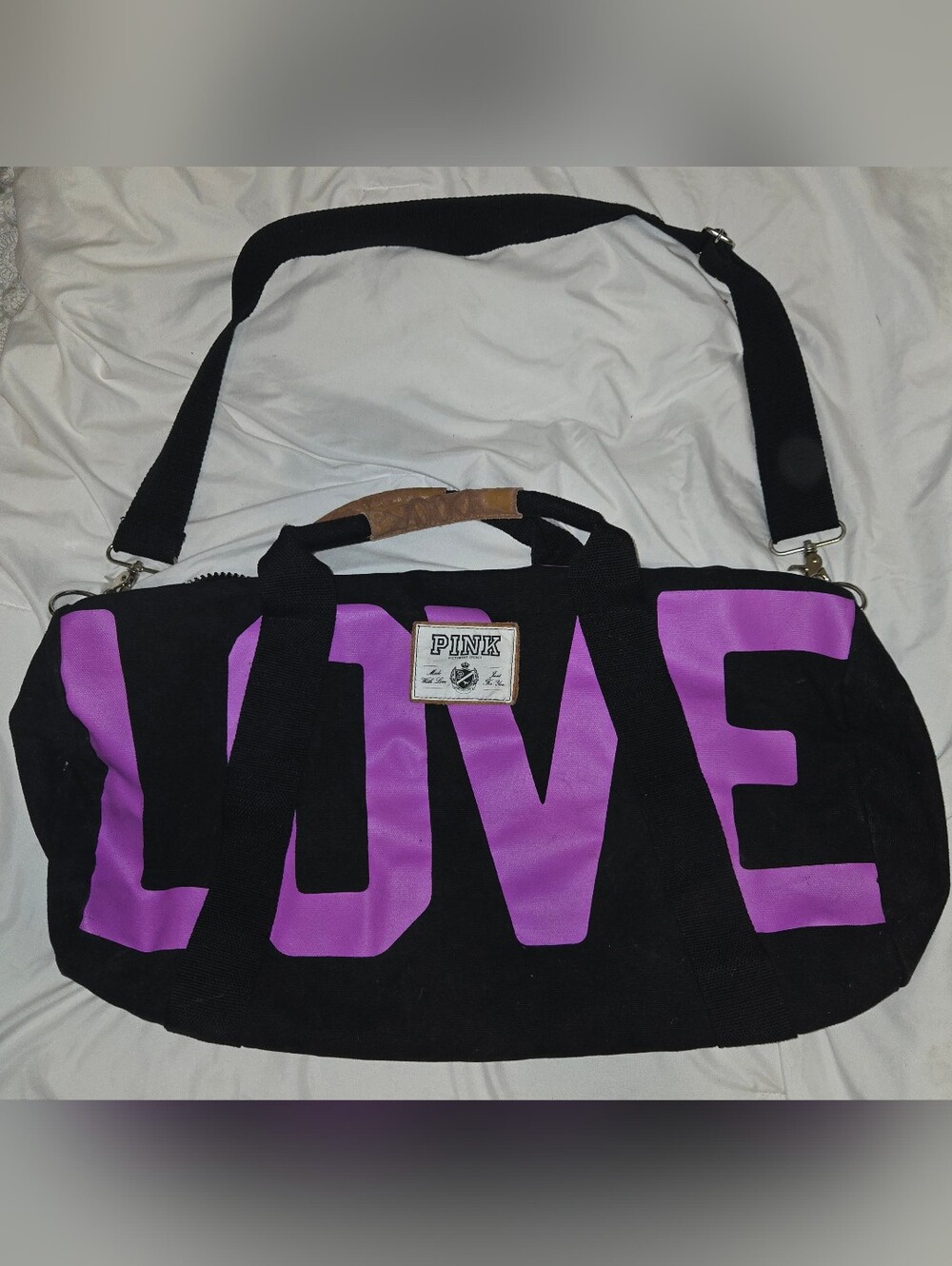PINK Victoria's Secret Black Duffel Bag with Purple LOVE Graphic
